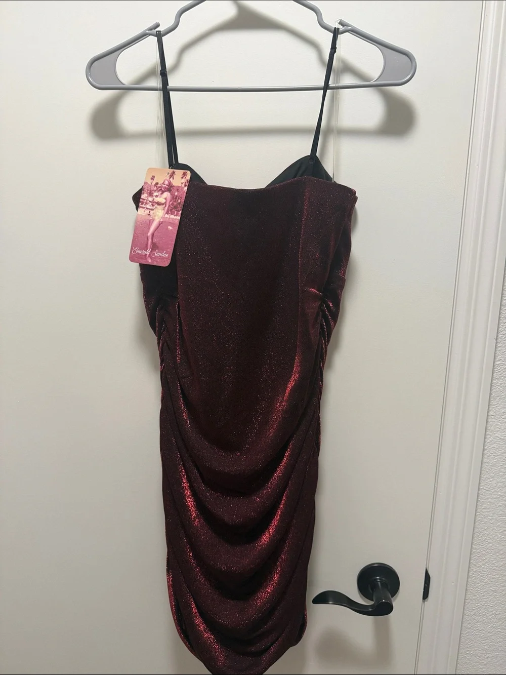 Emerald Sundae Elegant Deep Red Shimmer Cowl Neck Bodycon Dress - Picture 2 of 2